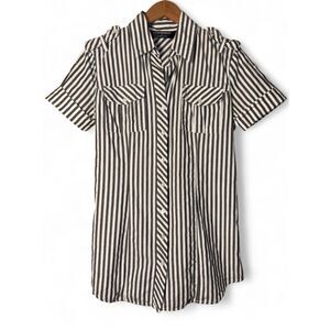 Norma Kamali Black White Striped Shirt Dress Boyfriend Style Short Sleeve Sz M